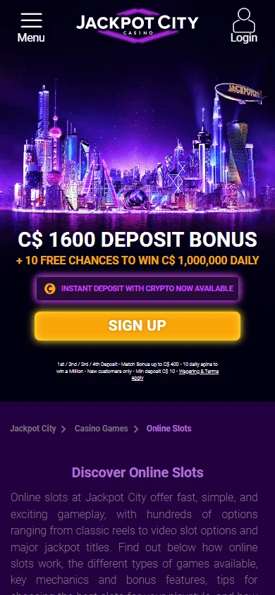 Jackpot City Casino games screen on a mobile device