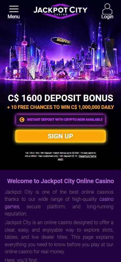 Jackpot City Casino home screen on a mobile device