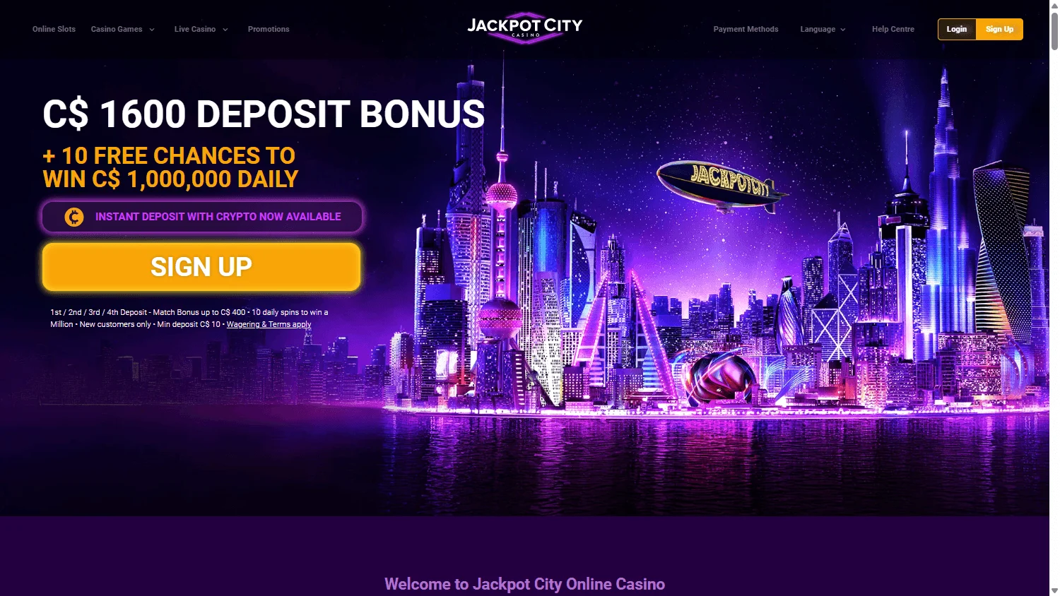 Jackpot City Casino home screen on desktop
